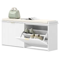 HOMCOM Banco Sapateira Móvel Sapateira Estreito com Assento Estofado 2 Caixas Rebatível e Painel de Ripas 104x26x47,5 cm Branco(m-11)