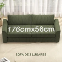 HOMCOM Sofá de 3 Lugares Sofá Sala de Estar 212x80x88 cm Estofado em Veludo Canelado com 2 Almofadas  Desenho Moderno Verde(m-4)
