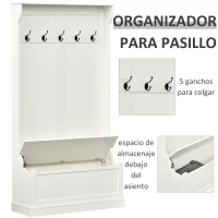 HOMCOM Perchero con Zapatero Perchero con Banco Perchero Recibidor con 5 Ganchos y Espacio de Almacenaje 96x34x179,7 cm Marfil(m-5)