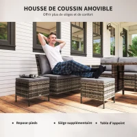 Outsunny Ensemble salon de jardin 8 personnes grand confort 3 canapés d'angle + 2 poufs + table à manger 12 coussins assise & dossier fournis polyester écru résine tressée gris(m-7)