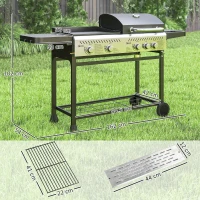 Outsunny Barbecue a Gas con Piastra e Fornello, Coperchio con Termometro e Ripiani, Regolatore e Tubo Inclusi, Nero(m-3)