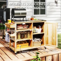 Outsunny Carrito de Parrilla de Madera con 4 Ruedas Estantes Armario y Encimera de Acero Inoxidable 134,5x50x91,5 cm Natural(m-5)