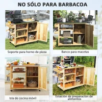 Outsunny Carrito de Parrilla de Madera con 4 Ruedas Estantes Armario y Encimera de Acero Inoxidable 134,5x50x91,5 cm Natural(m-7)