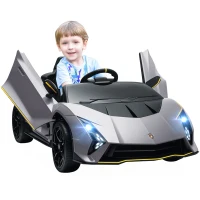 AIYAPLAY Coche Eléctrico para Niños Lamborghini Autentica con Batería 12V Mando a Distancia Faros Bocina Arranque Suave y Música MP3 Gris(m-11)