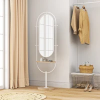 HOMCOM Espelho de Pé 50x175,5 cm Espelho de Corpo Inteiro com Bandeja de Madeira 4 Ganchos e Estrutura de Metal 50x40x175,5 cm Branco(m-2)