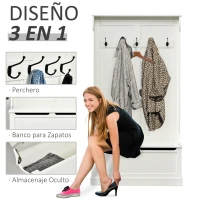 HOMCOM Perchero con Zapatero Perchero con Banco Perchero Recibidor con 5 Ganchos y Espacio de Almacenaje 96x34x179,7 cm Marfil(m-4)