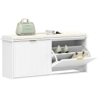 HOMCOM Banco Sapateira Móvel Sapateira Estreito com Assento Estofado 2 Caixas Rebatível e Painel de Ripas 104x26x47,5 cm Branco(m-10)