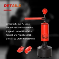 HOMCOM Standboxsack Boxtrainingsgerät mit Reflexball, 360°-Drehstange, Saugfuß, Sand/Wasser befüllbar, Stehend Boxassistent mit Handschuhe, Luftpumpe Training Boxsack 88 x 48 x 155-205 cm(m-5)