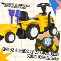 HOMCOM Porteur tracteur enfants avec coffre amovible, râteau et pelle, voiture enfants avec lumière LED et klaxon, jaune(m-4)