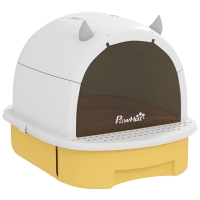 PawHut Caixa de Areia para Gatos Fechada com Tampa e Bandeja Amovíveis Filtro de Carvão e Pá 40,5x52x39 cm Branco e Amarelo