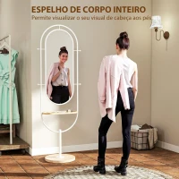 HOMCOM Espelho de Pé 50x175,5 cm Espelho de Corpo Inteiro com Bandeja de Madeira 4 Ganchos e Estrutura de Metal 50x40x175,5 cm Branco(m-4)