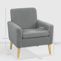 HOMCOM Armchair, Upholstered Accent Chair with Wood Legs and Wide Padded Seat, Teddy Occasional Chair, Grey(m-3)