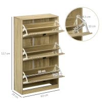 HOMCOM Meuble à chaussures à 3 abattants 18 paires grande capacité pour entrée couloir salon 63 x 24 x 117 cm chêne(m-3)