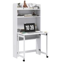 HOMCOM Mesa de Computador com Prateleiras de Arrumação Tampo Rebatível 2 Rodas para Quarto Sala 80x69x153 cm Branco(m-6)