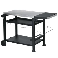 Outsunny Carrinho para Churrasco Plancha com Tabuleiro de Inox Multi Equipamentos 6 Ganchos Prateleira Rebatível 2 Rodas(m-7)