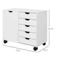 HOMCOM Móvel de Arrumação para Escritório 5 Gavetas 1 Porta Prateleira Ajustável Suporte Impressora Rodízios 78x40x66,5 cm Branco(m-3)