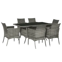 Outsunny Ensemble Salon de Jardin 6 Personnes - Grande Table rectangulaire, 6 fauteuils - 6 Coussins d'assise déhoussables Inclus - métal époxy Verre trempé 5 mm résine tressée Grise(m-1)