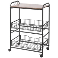 HOMCOM Carrinho de Cozinha 3 Níveis Armazenamento Rodízios 2 Cestos Removíveis Prateleira e Ganchos Laterais 60x38x85,5 cm Nogueira(m-7)