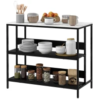 HOMCOM Ilha de Cozinha 2 Prateleiras de Estilo Moderno em Aço Preto e Tampo MDF Aspecto Mármore 100x50x90 cm Preto(m-7)