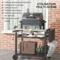 Outsunny Carrinho para Churrasco Plancha com Tabuleiro de Inox Multi Equipamentos 6 Ganchos Prateleira Rebatível 2 Rodas(m-4)