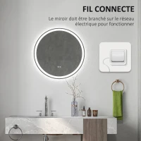 Kleankin Espelho Redondo Luminoso LED de Banheiro Ø 80 cm Mural com Iluminação 3 Cores Interruptor Tátil 46W Branco Prateado(m-4)
