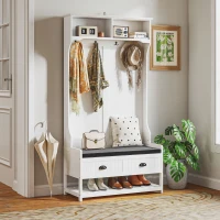 HOMCOM Cabide com Ganchos Guarda Roupa com Banco para Sapatos para Entrada Corredor Metal Aglomerado Branco Cinza(m-4)