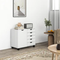 HOMCOM Móvel de Arrumação para Escritório 5 Gavetas 1 Porta Prateleira Ajustável Suporte Impressora Rodízios 78x40x66,5 cm Branco(m-2)