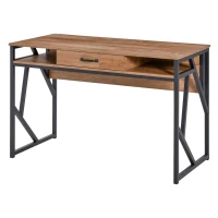 HOMCOM Secretária de Estilo Industrial 120x60x76 cm com Gaveta 2 Prateleiras Pés de Metal Preto Tampo Aparência de Madeira Nogueira(m-7)
