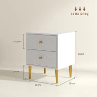 HOMCOM Mesa de Cabeceira com 2 Gavetas Puxadores Pés de Aço para Quarto Sala 40x35x50 cm Branco(m-3)