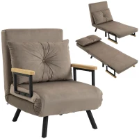 HOMCOM Poltrona Conversível 4 em 1 Cama 1 Lugar Encosto 5 Posições Braços em Madeira e Travesseiro Tecido Veludo Castanho(m-6)