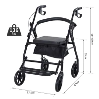 HOMCOM Andarilho 4 Rodas Andarilho Dobrável Leve Assento Encosto Acolchoado Pegas Ergonómicas Metal Preto(m-3)