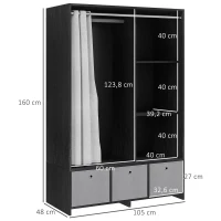 HOMCOM Armário de Roupas Armário de Armazenamento com Barra Cortina 3 Nichos e 3 Gavetas de Tecido Removíveis 105x48x160 cm(m-3)