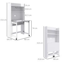 HOMCOM Mesa de Computador com Prateleiras de Arrumação Tampo Rebatível 2 Rodas para Quarto Sala 80x69x153 cm Branco(m-3)