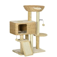 Pawhut Árvore para Gatos com Arranhador Cesto de Observação Plataformas e Pompons Suspensos 60x40x98 cm Bege(m-1)