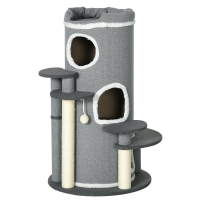 Pawhut Arranhador de Gato com Poste de Arranhar 2 Esconderijos para Gatos 4 Lugares para deitar 4 Postes 57x57x99 cm Cinza e Branco