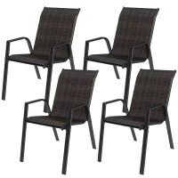 Outsunny Conjunto de 4 Cadeiras de Jardim Empilháveis Cadeira de Exterior com Braços e Revestimento em Resina Trançada Marrom(m-7)