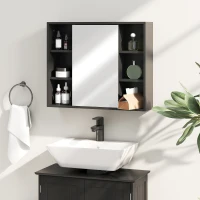 HOMCOM Móvel de Casa de Banho com Espelho Armário com Portas e 6 Compartimentos Abertos 60x14,5x49,4 cm Preto(m-4)