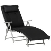 Outsunny Bain de Soleil Pliable transat inclinable 7 Positions Chaise Longue Grand Confort avec Matelas + accoudoirs métal époxy textilène Polyester Noir(m-1)