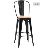 HOMCOM Conjunto de 4 Bancos de Bar Industrial Encosto descanso para Os Pés 76 cm Metal Preto Painéis Multicamadas Imitação de Madeira(m-7)