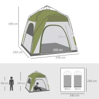 Outsunny Tenda de Campismo Familiar para 4 Impermeável Ventilação 4 Janelas Pop-Up2,4x2,4x1,99 m Fibra de Vidro Poliéster Verde Cinza(m-3)