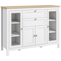 HOMCOM Buffet salon, meuble de rangement avec 1 placard double porte, 2 placards à porte vitrée, 2 tiroirs et étagère réglable, style moderne, buffet salle à manger et cuisine, 120x40x90cm, blanc(m-11)