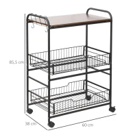 HOMCOM Carrinho de Cozinha 3 Níveis Armazenamento Rodízios 2 Cestos Removíveis Prateleira e Ganchos Laterais 60x38x85,5 cm Nogueira(m-3)