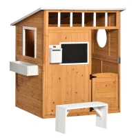 Outsunny Cabana de Jogo para Criança Casa de Jardim em Madeira Porta e Janelas Banco Caixa de Correio Quadro de 3-8 Anos(m-1)