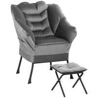 HOMCOM Poltrona Moderna com Apoio para Os Pés e 2 Bolsos Laterais em Tecido Aveludado e Aço 80x78x100 cm Cinza(m-1)