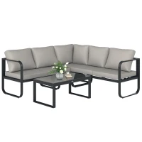 Outsunny Conjunto de Mobiliário de Jardim Exterior 3 Peças em L com Sofás e Mesa de Café em Vidro Assento Ajustável 5 Posições Cinza(m-5)