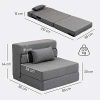 HOMCOM Cadeirão Conversível 1 Lugar Cadeirão Cama Dobrável Almofada Incluída para Hóspedes Sala Espaço Reduzido 120 Kg Cinza(m-3)