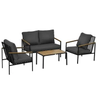 Outsunny Conjunto Móveis de Jardim 4 Peças 4 Pessoas com Sofá de 2 Lugares Poltronas e Mesa de Centro 8 Almofadas Preto Cinza Escuro(m-7)
