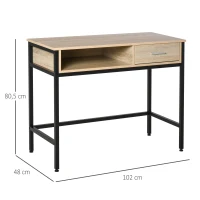 HOMCOM Mesa de Escritório com Armazenamento Mesa de Computador Gaveta Estrutura de Metal Preto Tampo de Madeira Carvalho Claro(m-3)