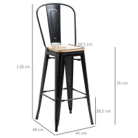 HOMCOM Conjunto de 4 Bancos de Bar Industrial Encosto descanso para Os Pés 76 cm Metal Preto Painéis Multicamadas Imitação de Madeira(m-3)
