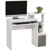 HOMCOM Mesa de Computador Multimídia com Prateleiras Suporte Teclado Cesta Cinza Painéis de Partículas Branco(m-6)